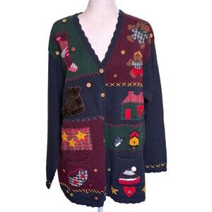 Karen Scott Hand Embroidered Women's Ugly Christmas Sweater Cardigan XL